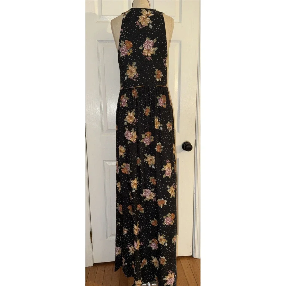 Free People Vintage Boho Black Floral Jersey Dress Slit Size L Large Maxi Halter